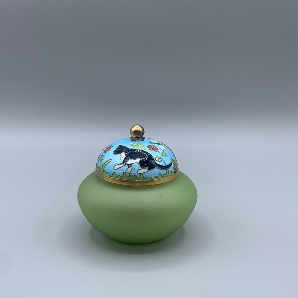 Vintage Light Green Frosted Glass Base Trinket Box Enameled Trio of Cats on Lid